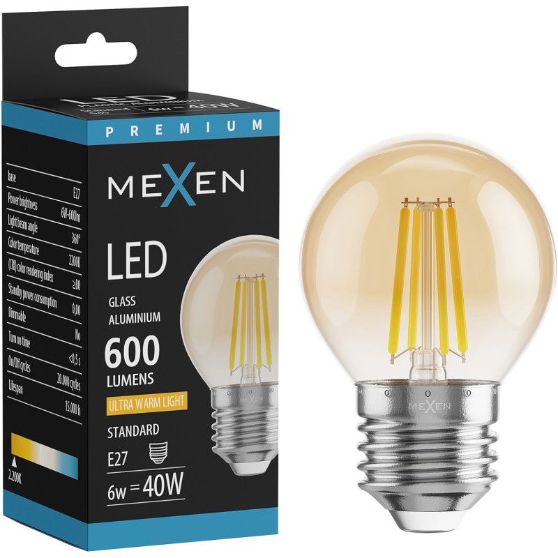 Mexen Vintis Λάμπα LED νήματος E27, G45, 6W, Ζεστό - 2200K, 600 lm, κεχριμπάρι - L156-E27-0622-50