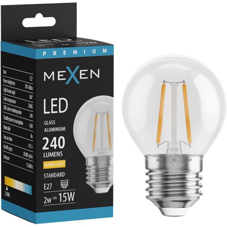 Mexen Vintis Bombilla filamento LED E27, G45, 2W, Cálida - 2700K, 240 lm, transparente - L156-E14-0227-00 - L156-E27-0227-00