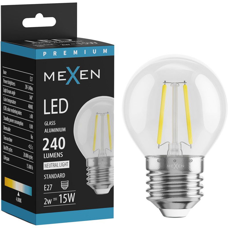 Mexen Vintis Λάμπα LED Filament E27, G45, 2W, Ουδέτερη - 4000K, 240 lm, Διαυγής - L156-E14-0227-00