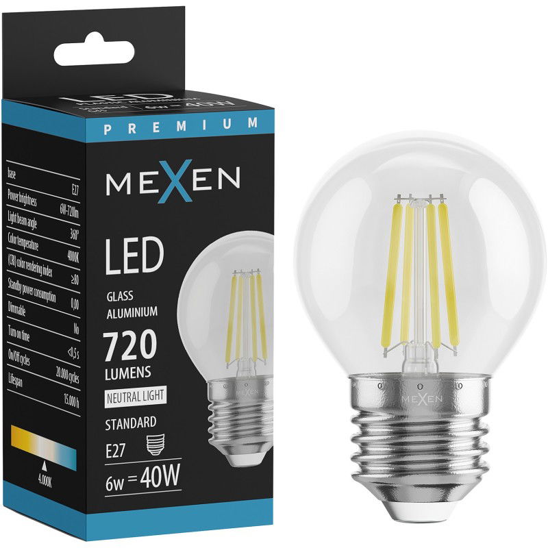 Mexen Vintis LED-Filamentbirne E27, G45, 6W, Neutral - 4000K, 720 lm, klar - L156-E27-0627-00 - L156-E27-0640-00