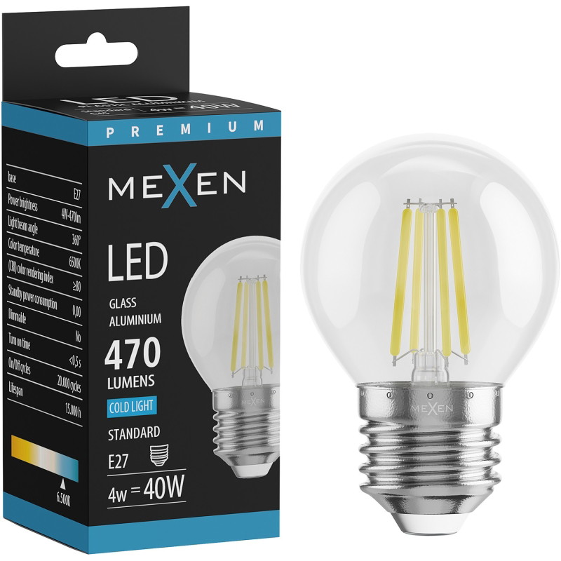 Mexen Vintis LED-filamentlampa E27, G45, 4W, Kall - 6500K, 470 lm, klar - L156-E27-0465-00