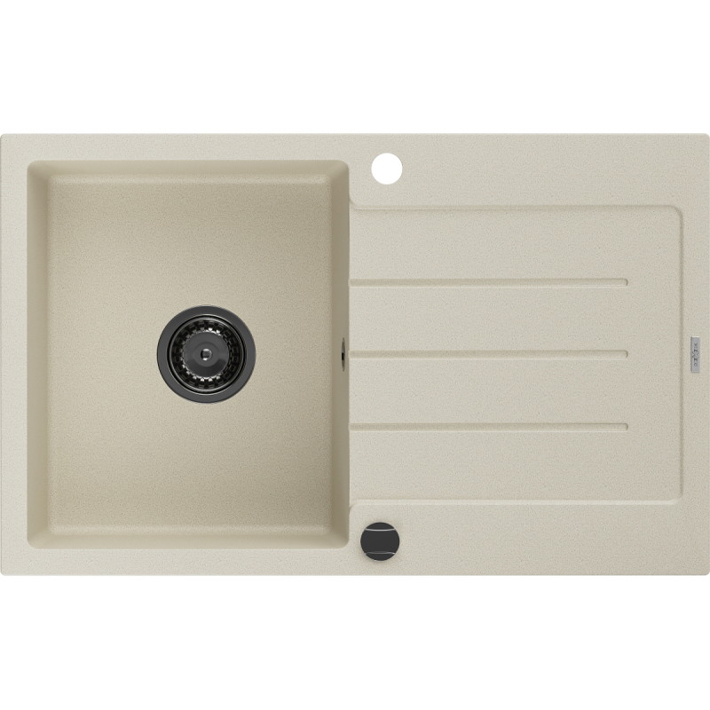 Mexen Bruno granieten gootsteen 1-komerig met afdruiprek 795 x 495 mm, beige, zwarte sifon - 6513791010-69-B