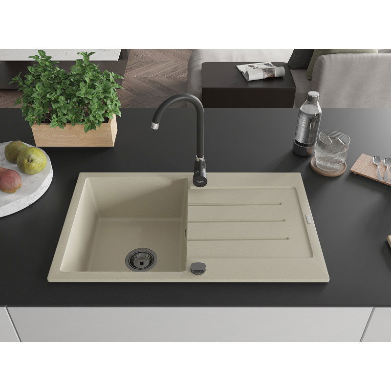 Mexen Bruno granite sink 1-bowl with drainer 795 x 495 mm, beige, black siphon - 6513791010-69-B