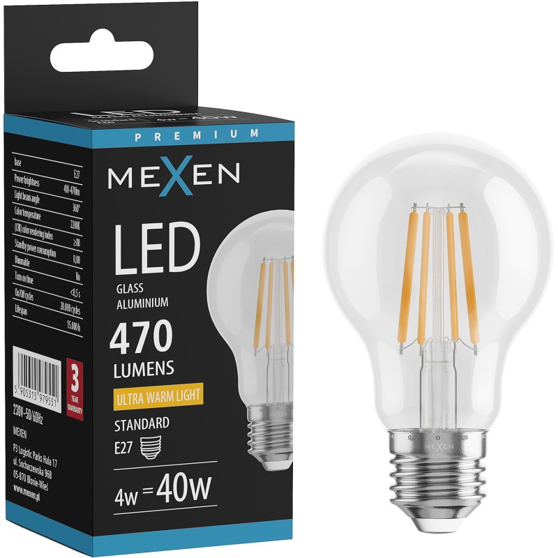 Mexen Vintis Bombilla filament LED E27, A60, 4W, Cálida - 2200K, 470 lm, transparente - L150-E27-0422-00
