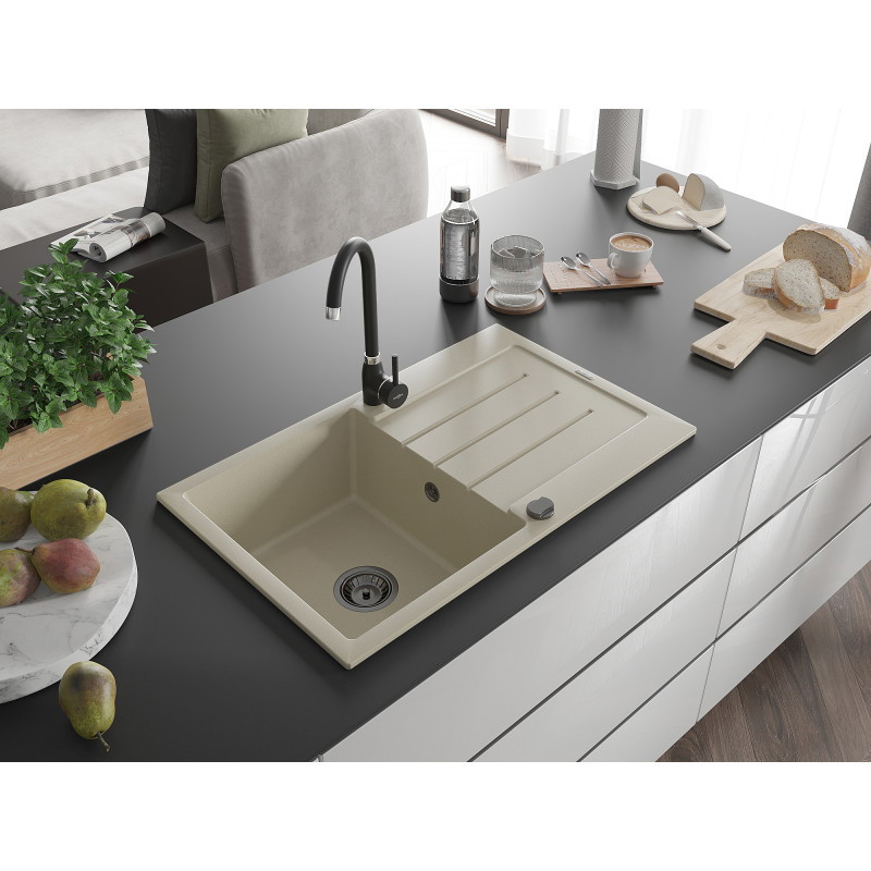 Mexen Bruno évier en granit à 1 bac avec égouttoir 795 x 495 mm, beige, siphon noir - 6513791010-69-B