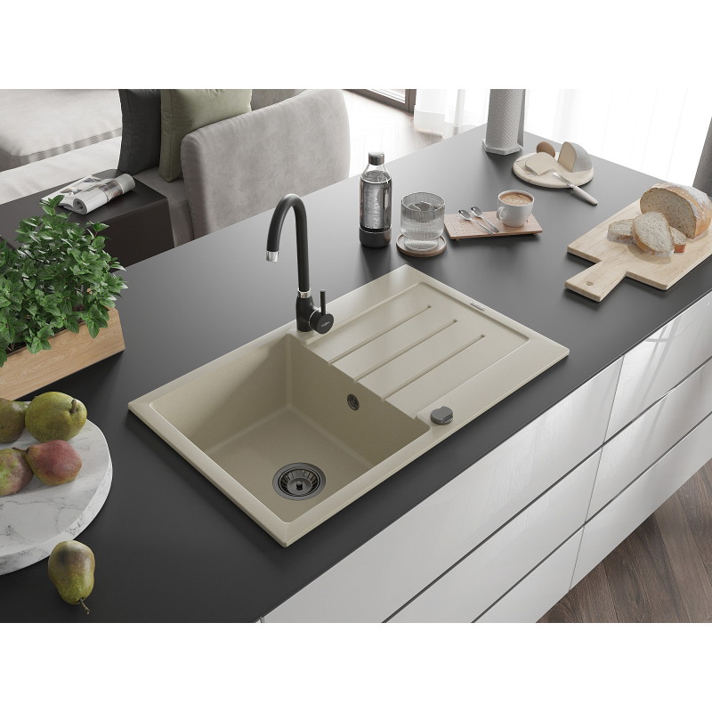 Mexen Bruno granitische spoelbak met 1 bak en afdruiprek 795 x 495 mm, beige, zwarte sifon - 6513791010-69-B