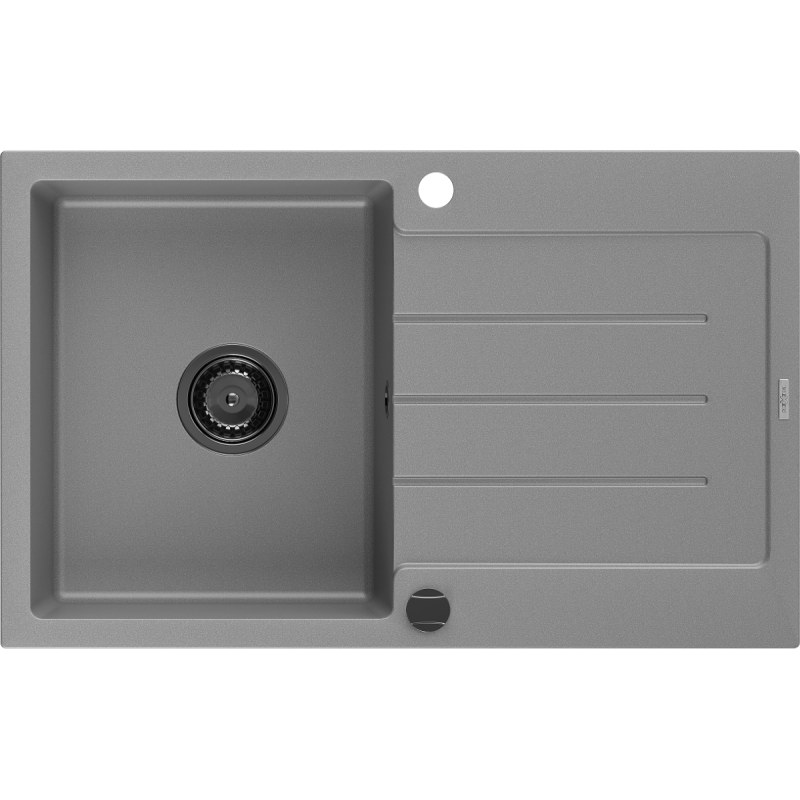 Mexen Bruno évier en granit 1 bac avec égouttoir 795 x 495 mm, gris, siphon noir - 6513791010-71-B