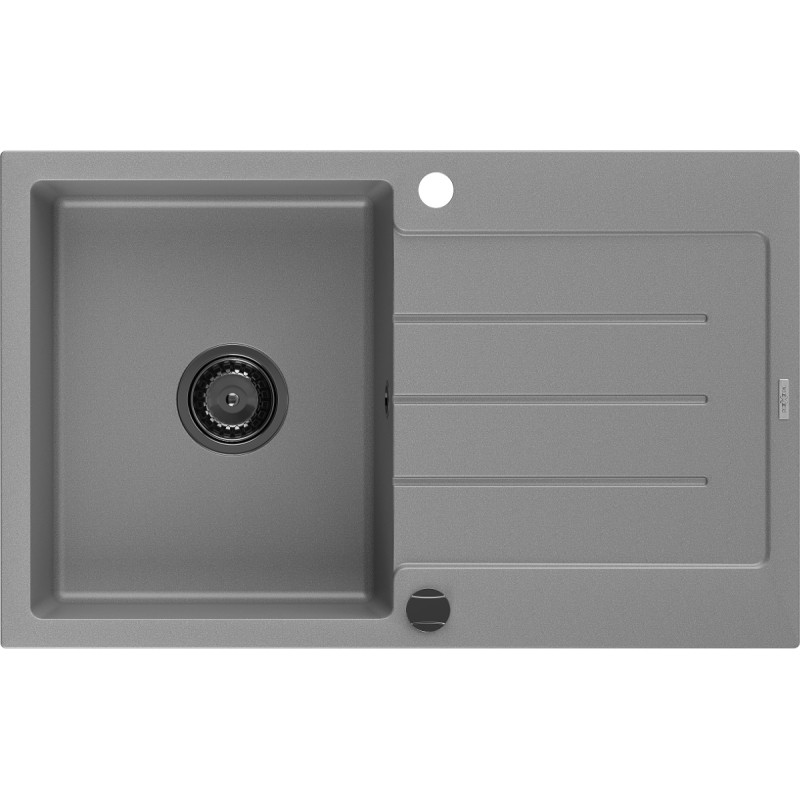 Mexen Bruno granitische gootsteen 1-kamer met afdruiprek 795 x 495 mm, grijs, zwarte sifon - 6513791010-71-B