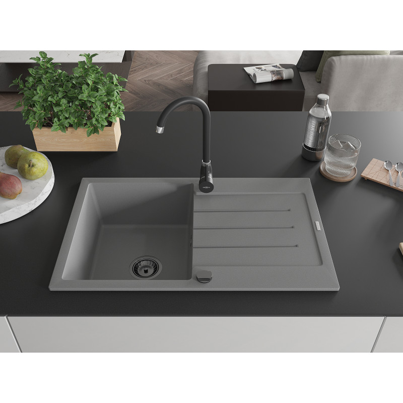 Mexen Bruno granitische gootsteen 1-comportement met afdruiprek 795 x 495 mm, grijs, zwarte sifon - 6513791010-71-B