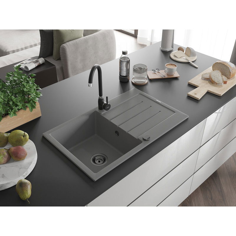Mexen Bruno fregadero de granito de 1 seno con escurridor 795 x 495 mm, gris, sifón negro - 6513791010-71-B