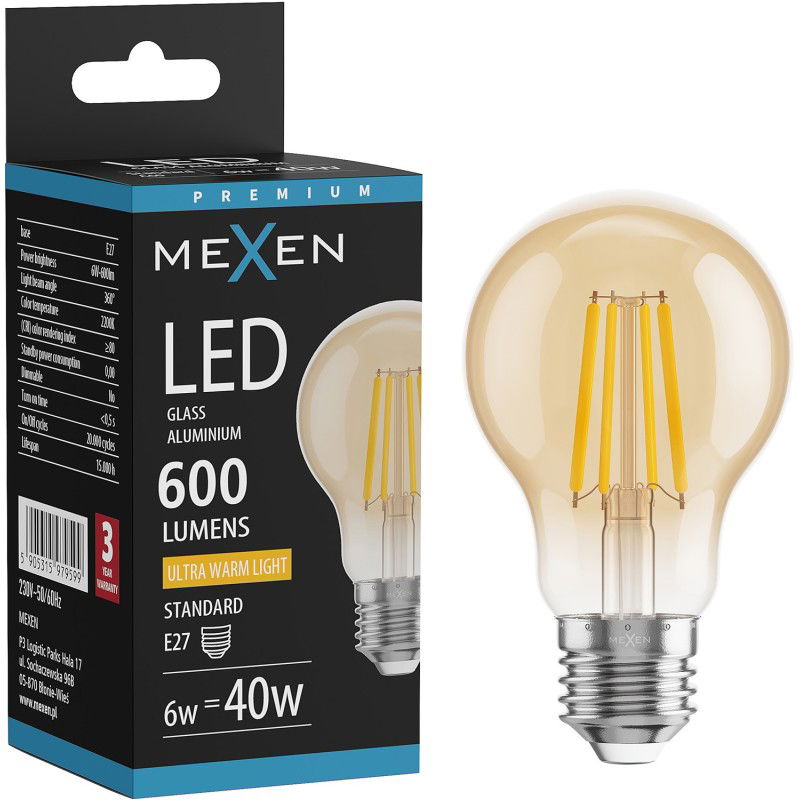 Mexen Vintis LED filament spuldze E27, A60, 6W, Silta - 2200K, 600 lm, dzintara - L150-E27-0622-50