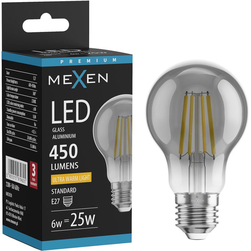 Mexen Vintis LED-Filament-Glühbirne E27, A60, 6W, Warm - 2200K, 450 lm, Rauch - L150-E27-0622-70