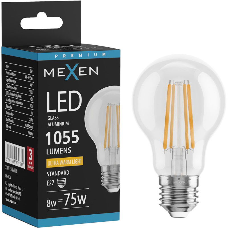 Mexen Vintis LED filament žarnica E27, A60, 8W, Topla - 2200K, 1055 lm, prozorna - L150-E27-0822-00