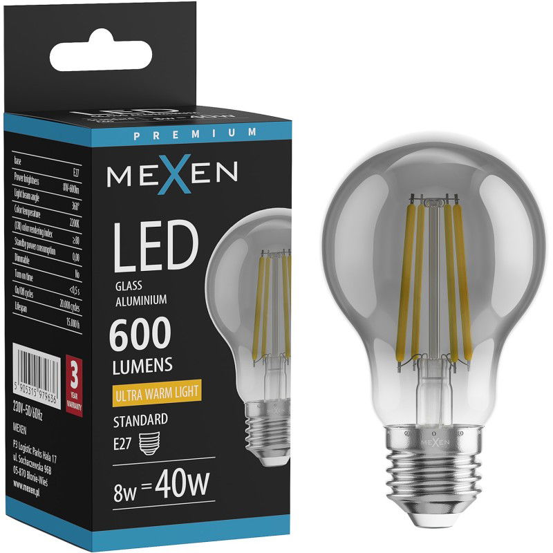Mexen Vintis LED filament žarnica E27, A60, 8W, Topla - 2200K, 600 lm, smoke - L150-E27-0822-70