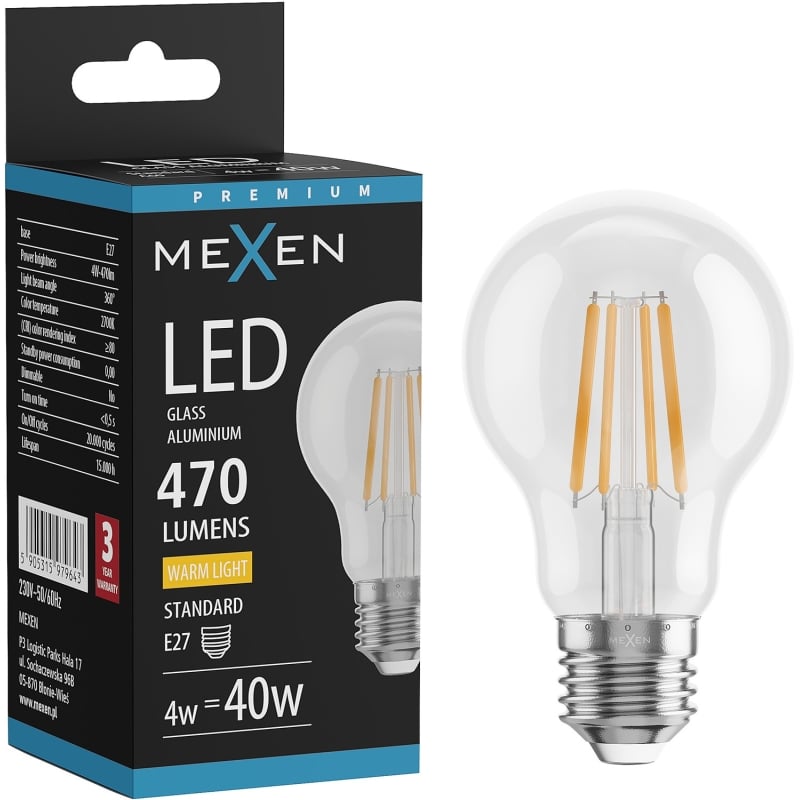 Mexen Vintis Bombilla LED de filamento E27, A60, 4W, Cálida - 2700K, 470 lm, transparente - L150-E27-0427-00