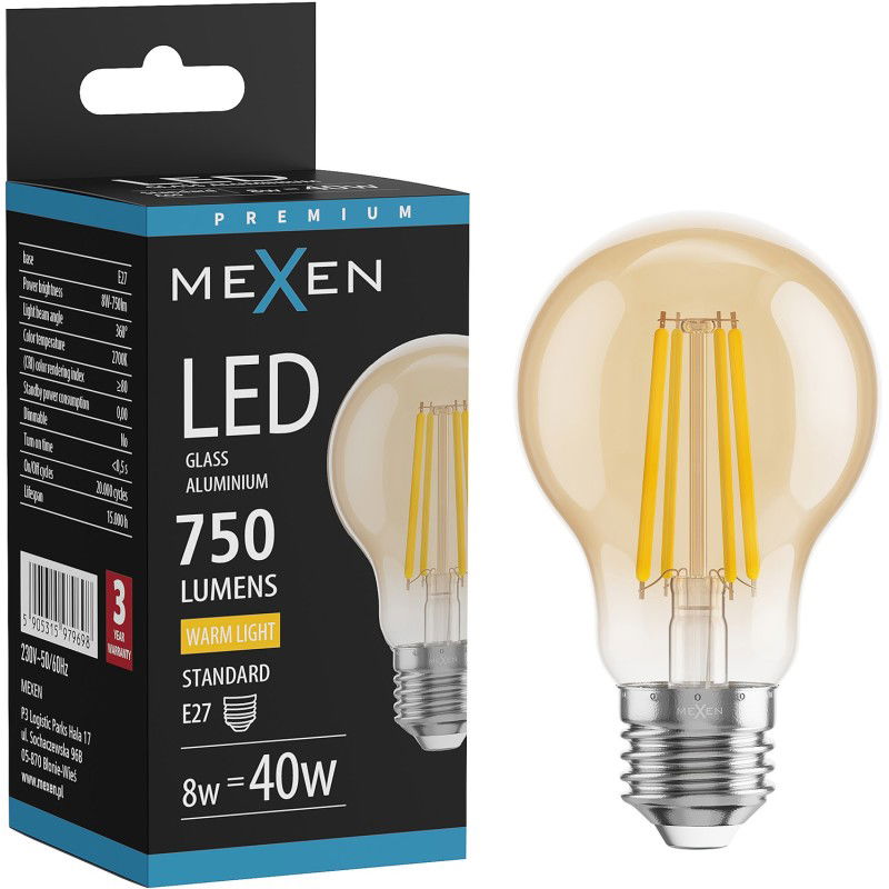 Mexen Vintis Lampadina a filamento LED E27, A60, 8W, Calda - 2700K, 750 lm, ambra - L150-E27-0822-50 - L150-E27-0827-50