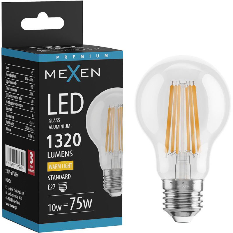 Mexen Vintis Ampoule filament LED E27, A60, 10W, Chaude - 2700K, 1320 lm, claire - L150-E27-1027-00