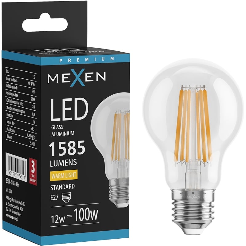 Mexen Vintis Bombilla filamentosa LED E27, A60, 12W, Cálida - 2700K, 1585 lm, transparente - L150-E27-1227-00