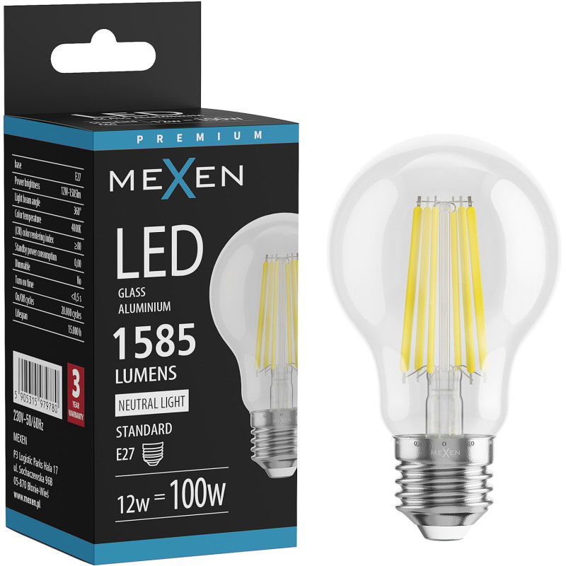 Mexen Vintis LED filamentna žarnica E27, A60, 12W, Nevtralna - 4000K, 1585 lm, prozorna - L150-E27-1240-00