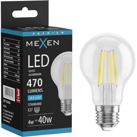 Mexen Vintis LED-filamentlampa E27, A60, 4W, Kall - 6500K, 470 lm, klar - L150-E27-0465-00