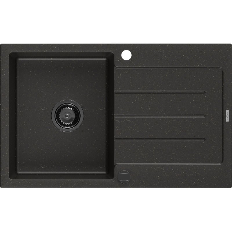 Mexen Bruno fregadero de granito de 1 cubeta con escurridor 795 x 495 mm, negro/dorado metálico, sifón negro - 6513791010-75-B