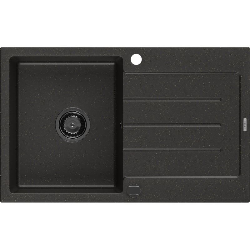 Mexen Bruno granitni sudoper s jednom komorom i ocjednikom 795 x 495 mm, crno/zlatni metalik, crni sifon - 6513791010-75-B