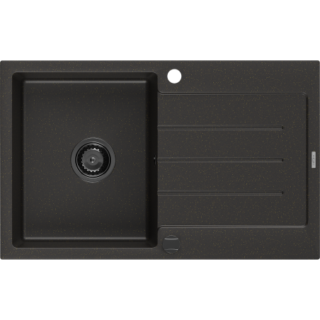 Mexen Bruno fregadero de granito de 1 cubeta con escurridor 795 x 495 mm, negro/dorado metálico, sifón negro - 6513791010-75-B