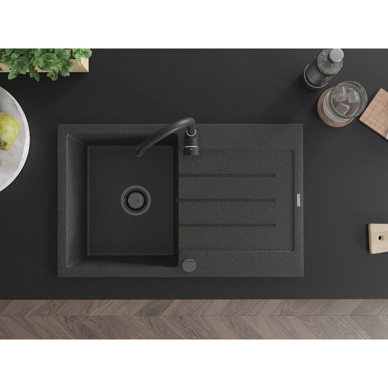 Mexen Bruno fregadero de granito de 1 cubeta con escurridor 795 x 495 mm, negro moteado, sifón negro - 6513791010-76-B