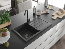 Mexen Bruno Granitspüle 1-Becken mit Abtropffläche 795 x 495 mm, schwarz gesprenkelt, schwarzer Siphon - 6513791010-76-B