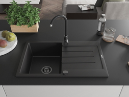 Mexen Bruno granieten spoelbak 1-kompartement met afdruiprek 795 x 495 mm, zwart, zwarte sifon - 6513791010-77-B