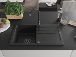 Mexen Bruno granite kitchen sink 1-bowl with drainer 795 x 495 mm, black, black siphon - 6513791010-77-B