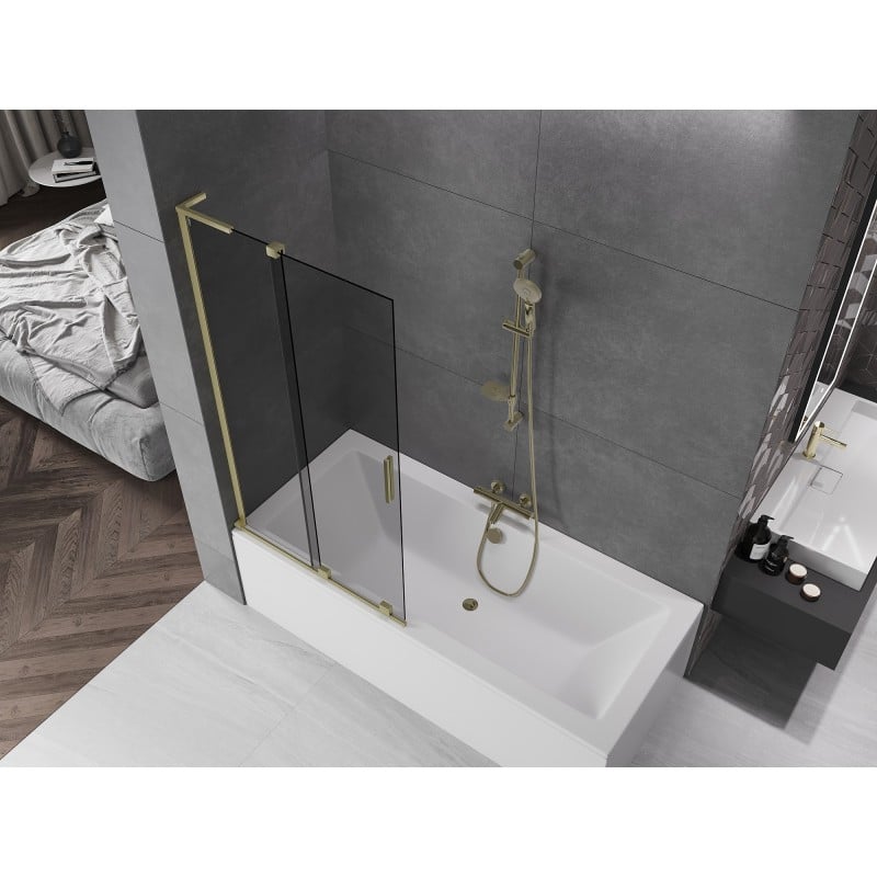Mexen Velar L paratia per vasca da bagno a 2 ante scorrevoli 90 x 150 cm, grafite, oro spazzolato - 896-090-003-41-55