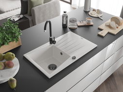 Mexen Cesar évier en granit à 1 bac avec égouttoir 775 x 470 mm, blanc, siphon noir - 6514771010-20-B