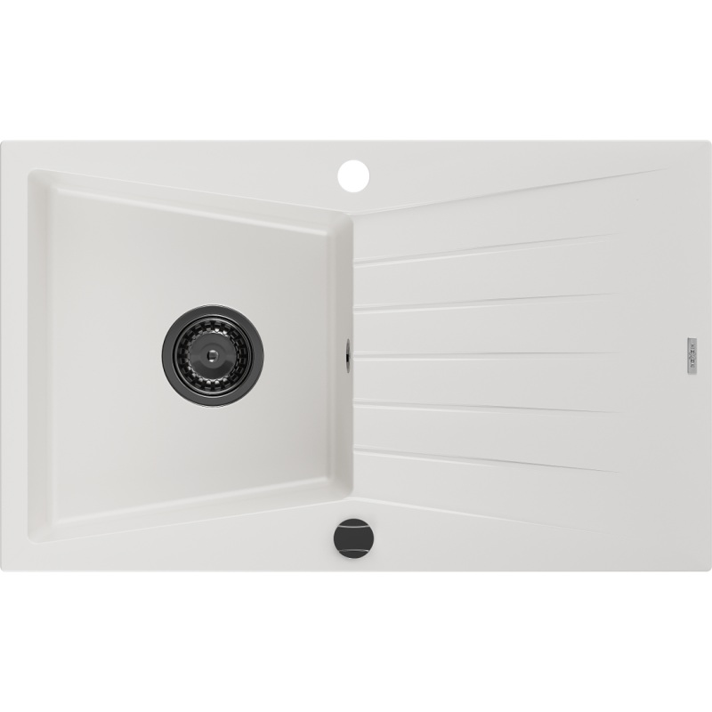 Mexen Cesar évier en granit 1 bac avec égouttoir 775 x 470 mm, blanc, siphon noir - 6514771010-20-B