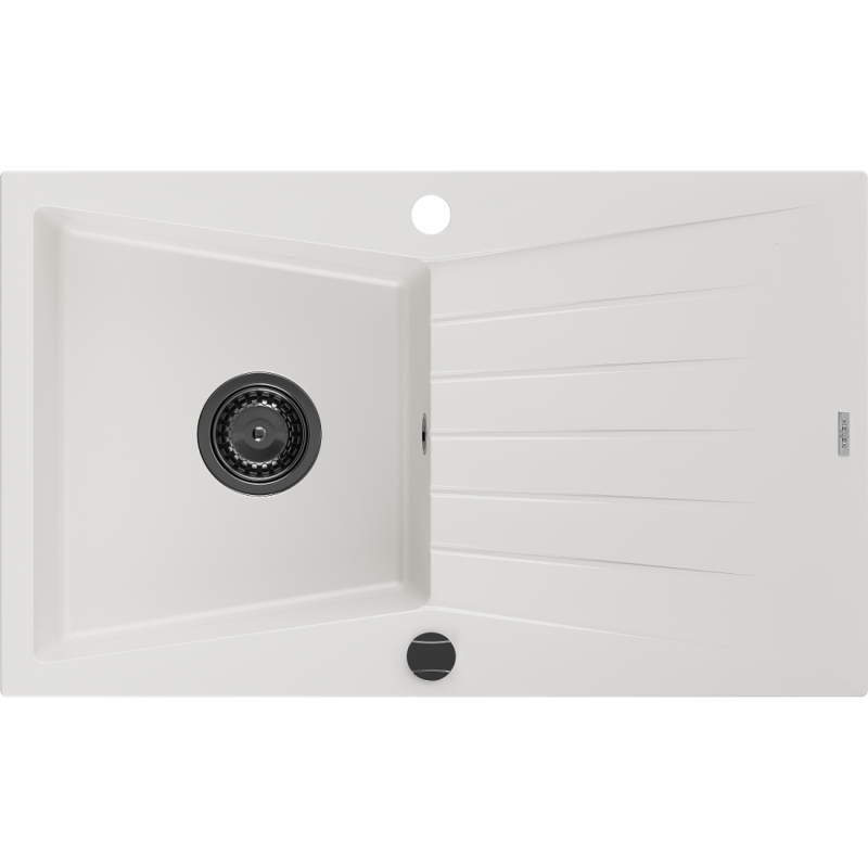 Mexen Cesar évier en granit à 1 bac avec égouttoir 775 x 470 mm, blanc, siphon noir - 6514771010-20-B