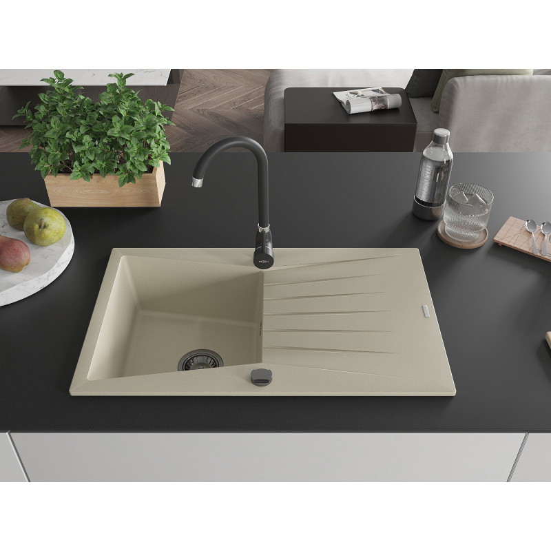 Mexen Cesar granieten 1-kompartement gootsteen met afdruiprek 775 x 470 mm, beige, zwarte sifon - 6514771010-69-B