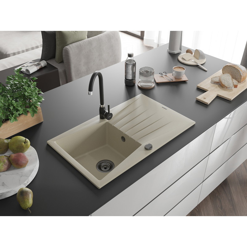 Mexen Cesar zlewozmywak granitowy 1-komorowy z ociekaczem 775 x 470 mm, beżowy, syfon czarny - 6514771010-69-B