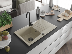 Mexen Cesar évier en granit 1 bac avec égouttoir 775 x 470 mm, beige, siphon noir - 6514771010-69-B