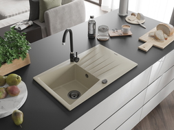 Mexen Cesar Granitspüle 1-Becken mit Abtropffläche 775 x 470 mm, beige, schwarzer Siphon - 6514771010-69-B