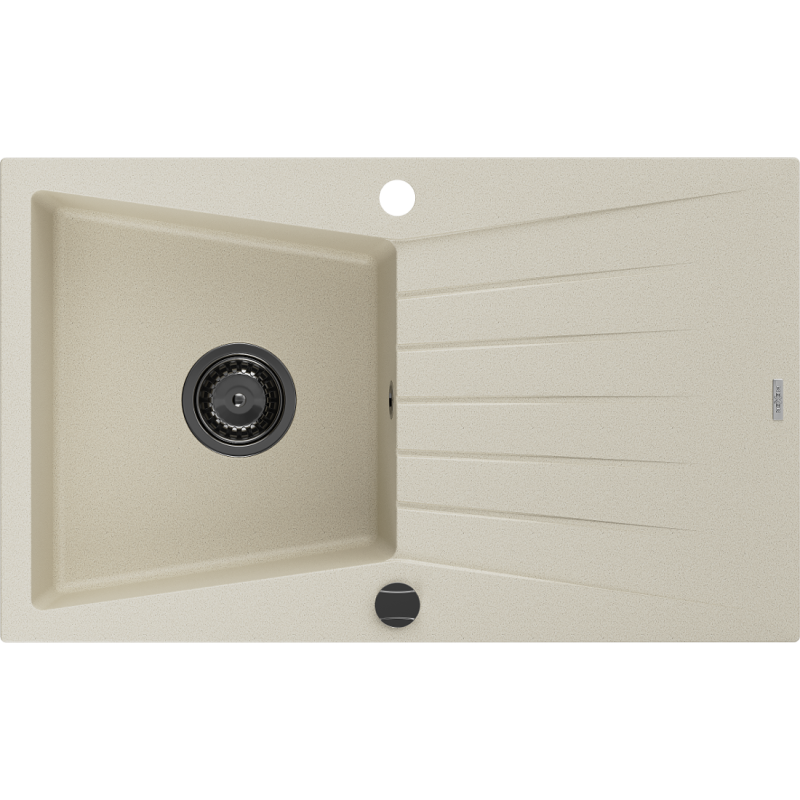 Mexen Cesar granitdiskbänk med 1 hål med avrinningsyta, 775 x 470 mm, beige, svart sifon - 6514771010-69-B