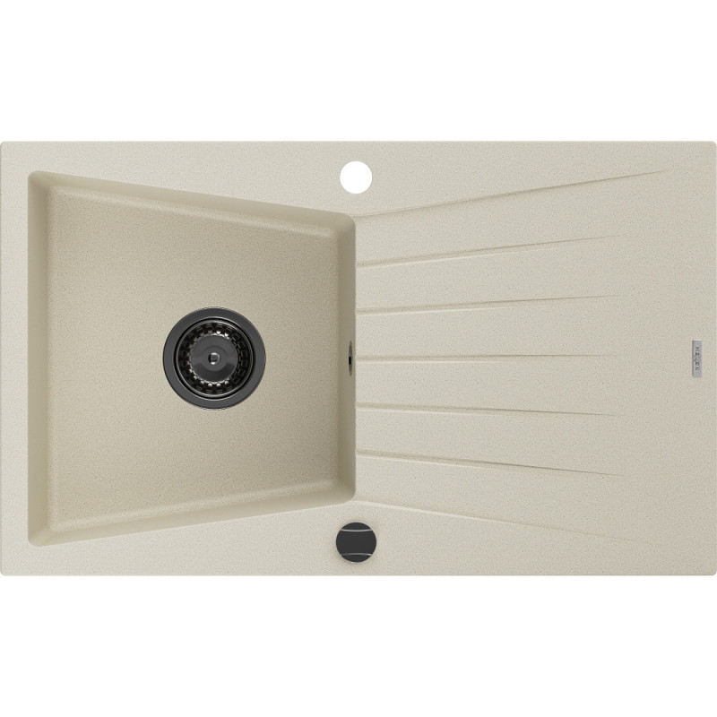 Mexen Cesar granitische spoelbak met 1 bak en afdruiprek 775 x 470 mm, beige, zwarte sifon - 6514771010-69-B