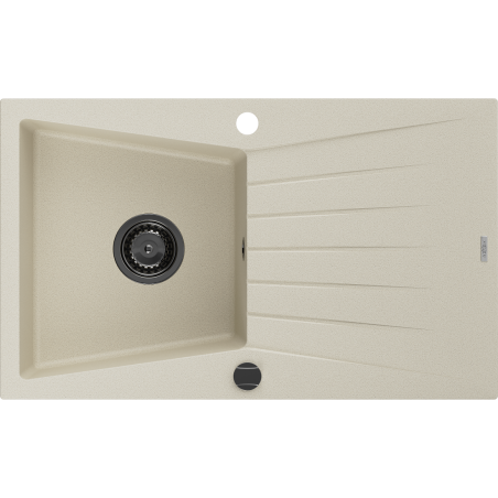 Mexen Cesar évier en granit 1 bac avec égouttoir 775 x 470 mm, beige, siphon noir - 6514771010-69-B
