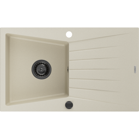 Mexen Cesar granieten gootsteen 1-kompartement met afdruiprek 775 x 470 mm, beige, zwarte sifon - 6514771010-69-B