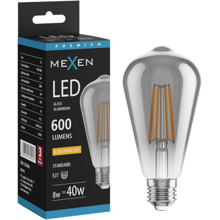 Mexen Vintis Bombilla filament LED E27, ST64, 8W, Cálida - 2200K, 600 lm, smoke - L152-E27-0822-70