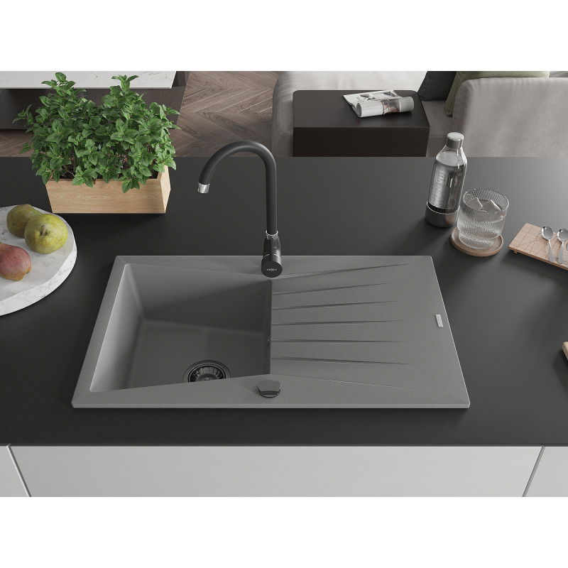 Mexen Cesar 1-bowl granite sink with drainer 775 x 470 mm, grey, black siphon - 6514771010-71-B