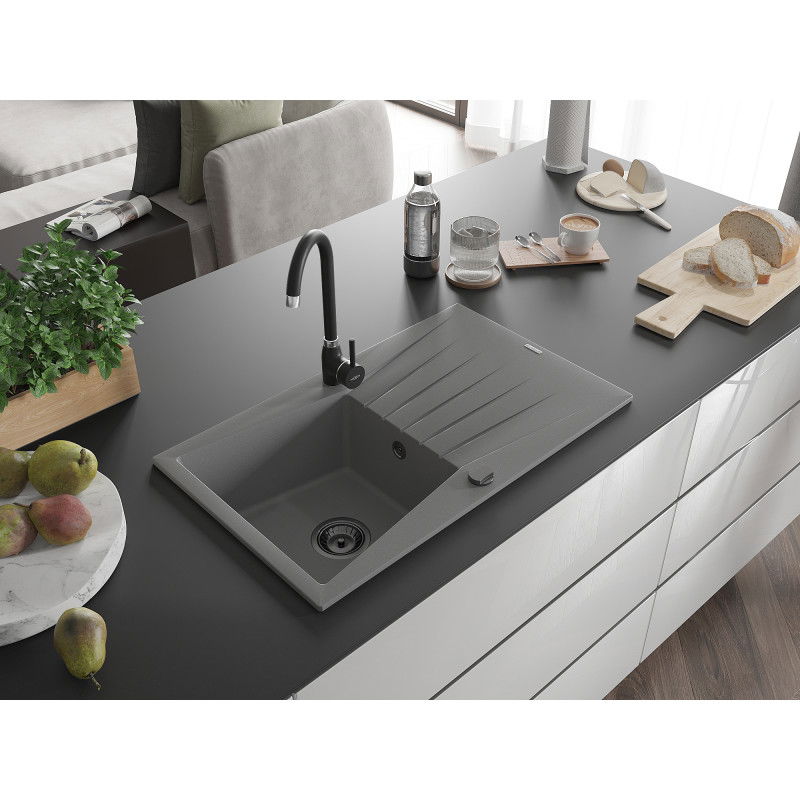 Mexen Cesar lavello in granito 1-vasca con scolapiatti 775 x 470 mm, grigio, sifone nero - 6514771010-71-B