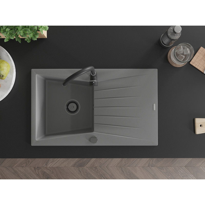 Mexen Cesar granieten gootsteen 1-kompartment met druiprek 775 x 470 mm, grijs, zwarte sifon - 6514771010-71-B