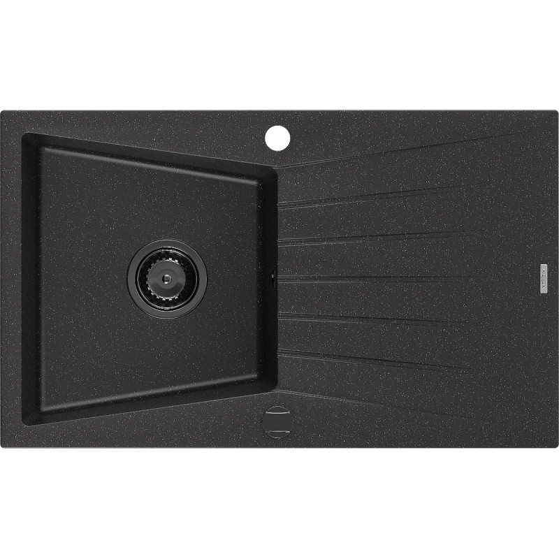 Mexen Cesar Granitspüle 1-Becken mit Abtropffläche 775 x 470 mm, schwarz/silber Metallic, schwarzer Siphon - 6514771010-73-B