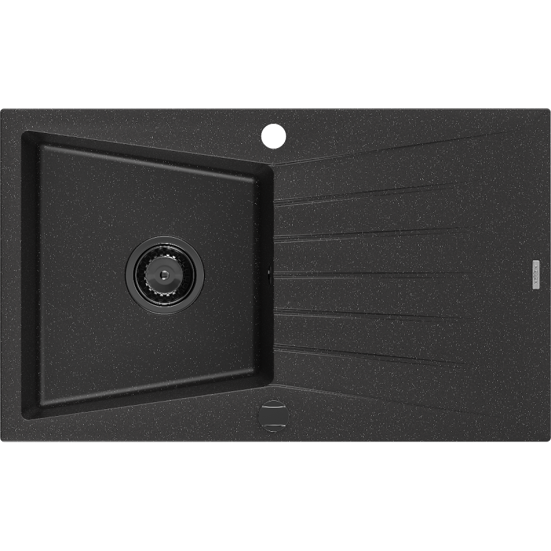 Mexen Cesar Granitspüle 1-beckig mit Ablauffläche 775 x 470 mm, schwarz/silber metallic, schwarzer Siphon - 6514771010-73-B
