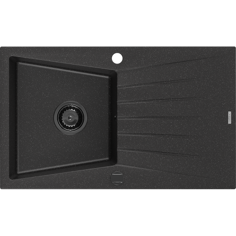 Mexen Cesar lava-louças de granito de 1 bacia com escorredor 775 x 470 mm, preto/prateado metálico, sifão preto